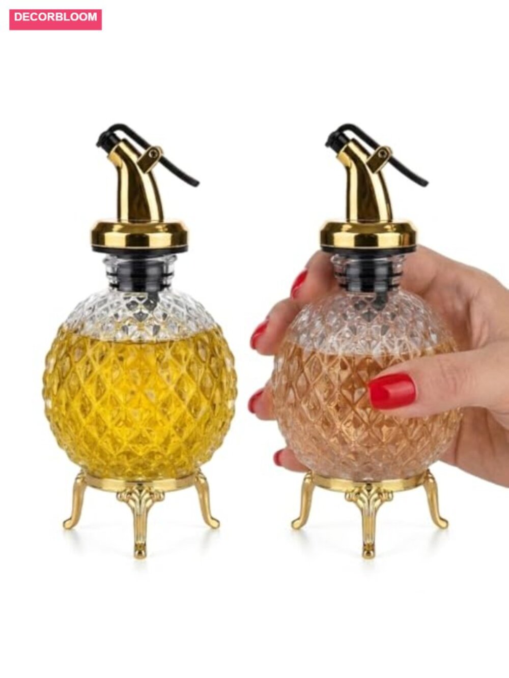Oil and Vinegar Cruet Set 2pc Glass Bottles with Gold Metal Stand - Picture 1 of 6